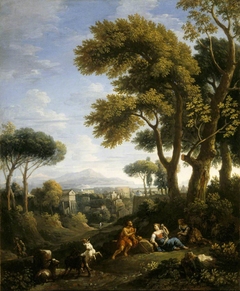 A Classical Landscape with a Traveller and Two Women Conversing and Three Goats Gambolling by Jan Frans van Bloemen