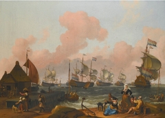 A Coastal Landscape with Many Figures on the Shore by a Quay, with Several Two-Deckers in a Stiff Breeze beyond by Ludolf Bakhuizen