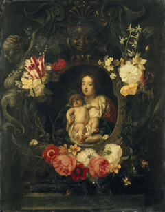 A Garland of Flowers surrounding a Medallion of the Virgin and Child by Frans Ykens