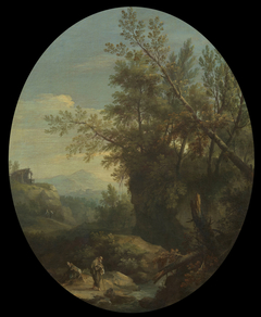 A Rocky Wooded Landscape with Hermits by Giovanni Battista Cimaroli