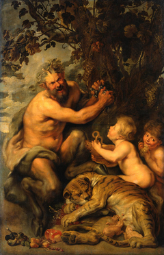 A Satyr pressing Grapes with a Tiger and Two Children by Anonymous