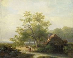 A Watermill in a Woody Landscape by Lodewijk Hendrik Arends