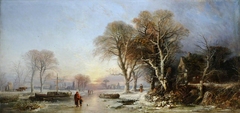 A Winter Landscape at Sunset with Figures on a Frozen River by William James Müller