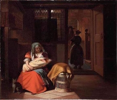 A woman with a baby on her lap and a maid seen from the back by Pieter de Hooch