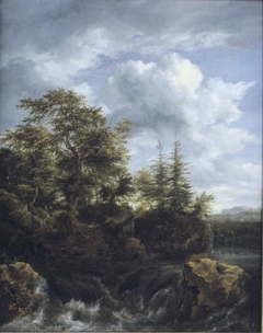 A wooded river landscape with a waterfall and travellers on a bridge by Jacob van Ruisdael