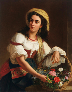 An Italian beauty holding a basket of flowers by Luigi Rubio