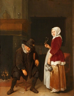 An Old Man sleeping by a Fireside attended by a Maidservant by Quirijn van Brekelenkam