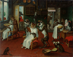 Barbershop with monkeys and cats by Abraham Teniers