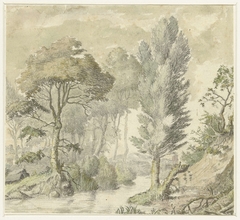 Boslandschap met rechts een heuvel en in het midden water by Elias van Nijmegen