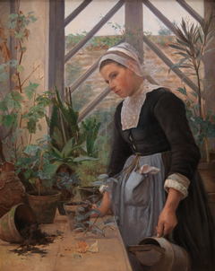 Breton Girl Looking After Plants in the Hothouse by Anna Petersen