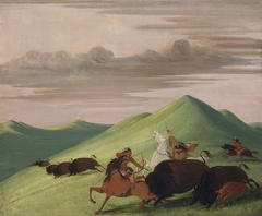 Buffalo Chase, Bull Protecting a Cow and Calf by George Catlin