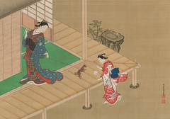 Courtesan and Attendant Playing with a Dog by Nishikawa Sukenobu