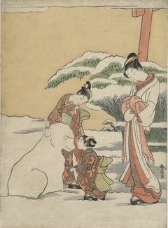 Courtesan Watching Two Kamuro Make a Snow Dog by Suzuki Harunobu