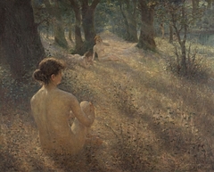 Drei weibliche Akte auf sonniger Waldlichtung by Max Fleischer