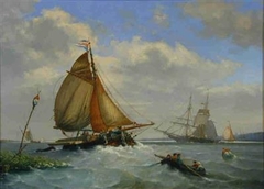 Een tjalk geladen met houten balken op de rede van Dordrecht by Petrus Van der Velden