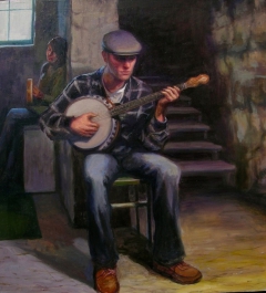 "El Musico: Banjo Player" by Lydia Martin© oil on Belgian linen/ Lotería series (22"x20") by Lydia Martin