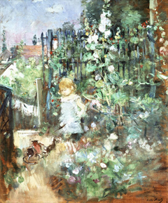 Enfant dans les roses trémières by Berthe Morisot