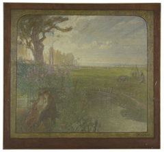 Esquisse pour la salle des mariages de la mairie de Romainville : paysage avec un couple assis by Jean-Joseph Enders