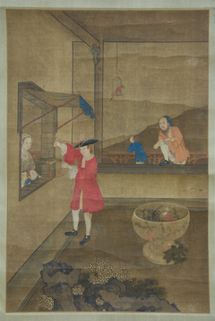 European Couple and Child Playing with Parrot by Anonymous