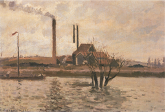 Factory at Sr Ouen-l'Aumône, the Flood of the Oise by Camille Pissarro