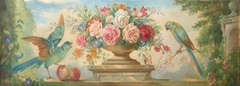 Floral Still Life in an Urn with Parrots, Peaches, Stone Vessel with Roses, in  a Garden Setting by David Paton