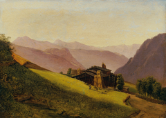 Gebirgslandschaft mit Almhütten und heuenden Bauern by Franz Wipplinger