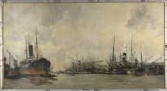 Gezicht op de Ertshaven en de Levantkade naar het westen, met schepen van de Koninklijke Nederlandsche Stoomboot Maatschappij by Hobbe Smith