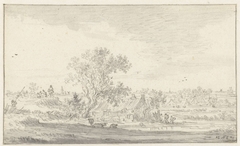 Gezicht van een dijk over landschap met boerenwoningen by Jan van Goyen