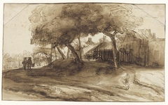 Huizen en bomen op een dijk by Unknown Artist