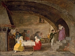 Interior of an Inn with elegant figures eating and artisans playing cards in the background by Léonard Defrance