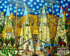 jerusalem naive paintings urban landscape painting raphael perez israeli painter cityscape artworks by Raphael Perez