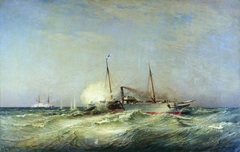 Kampf des Dampfschiffs Vesta mit dem türkischen Schlachtschiff Fethi-Butland im Schwarzen Meer am 11. Juli 1877. by Alexey Bogolyubov