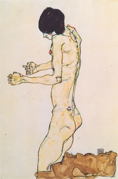 Kniender Frauenakt mit vorgestreckten Armen by Egon Schiele