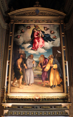 Madonna con il Bambino in gloria e i santi Giovanni Battista, Francesco, Girolamo e Giuseppe by Lorenzo Lotto