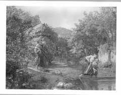 Peasant woman crosing a creek in a ravine by Ferdinand Georg Waldmüller