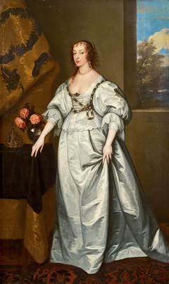 Portrait of Queen Henrietta Maria standing full-length in a white satin gown by Anthony van Dyck