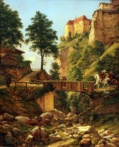 Reiter in altdeutscher Tracht vor der Burg Tirol by Wilhelm von Harnier