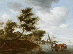 River landscape with ferry by Salomon van Ruysdael