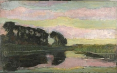 Riverscape with row of trees at left, sky with pink and yellow-green bands: farmstead on the Gein screened by tall trees by Piet Mondrian