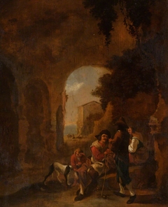 Roman Peasants conversing in a Grotto amongst Ruins by Frederik de Moucheron