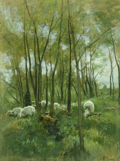 Schapenkudde in een bos by Anton Mauve