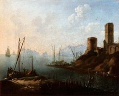 Seascape with boats at the landing and towers by Hans de Jode