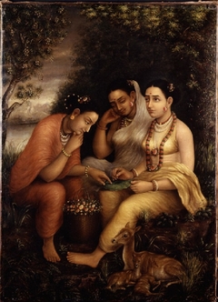 Shakuntala writing a love letter on a lotus leaf by Raja Ravi Varma