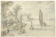 Stad aan een brede rivier by Jan Brueghel I