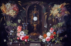 Still Life of Flowers and Grapes encircling a Monstrance in a Niche by Jan van Kessel the Younger