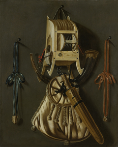 Still life with hunting implements by Johannes Leemans