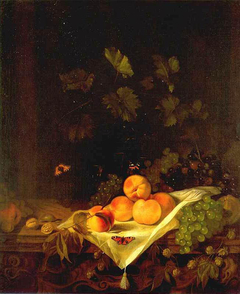 Still life with peaches and grapes by Abraham van Calraet