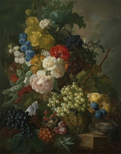 Still life with Roses, Larkspur and Fruit, with a Partridge by Jan van Os