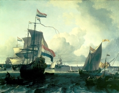 The Dutch Man-of-War "De Gouden Leeuw" on the River Y near Amsterdam by Ludolf Bakhuizen