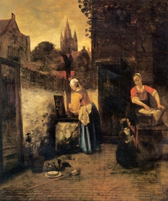 Two Women and a Child in a Courtyard by Pieter de Hooch